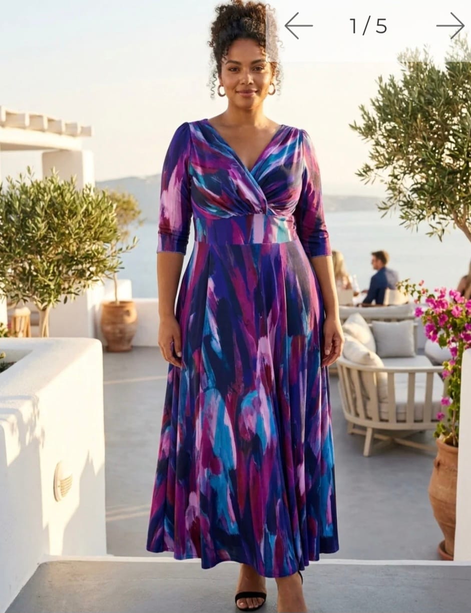 Customer photo review of Petite Verity Indigo Magenta Print Maxi Gown