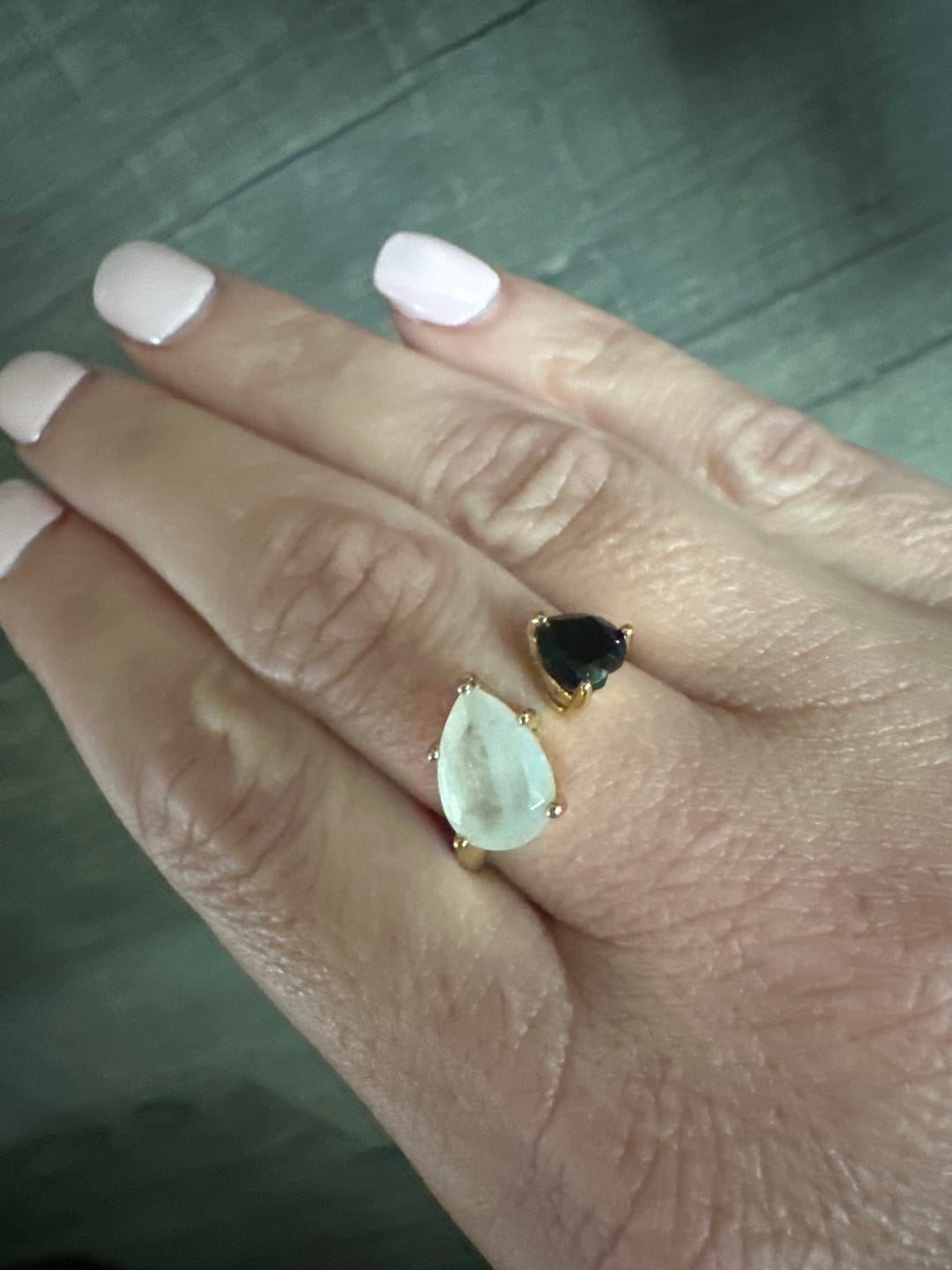 Customer photo review of Moonstone + Black onyx "I say No" 14K ring