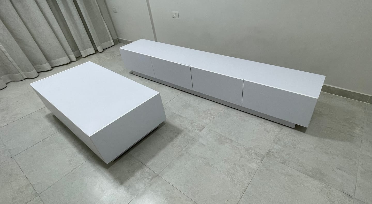 Customer photo review of Modern white TV unit and table