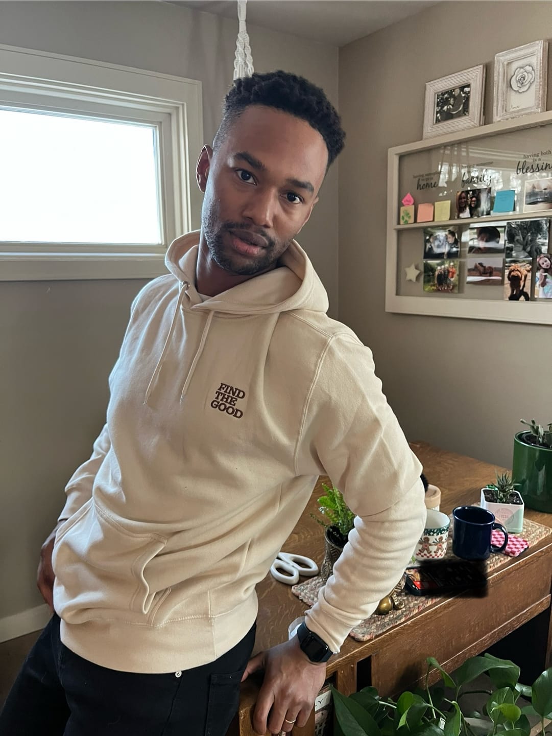 Customer photo review of 3 Simple Words Embroidered Hoodie - Cream