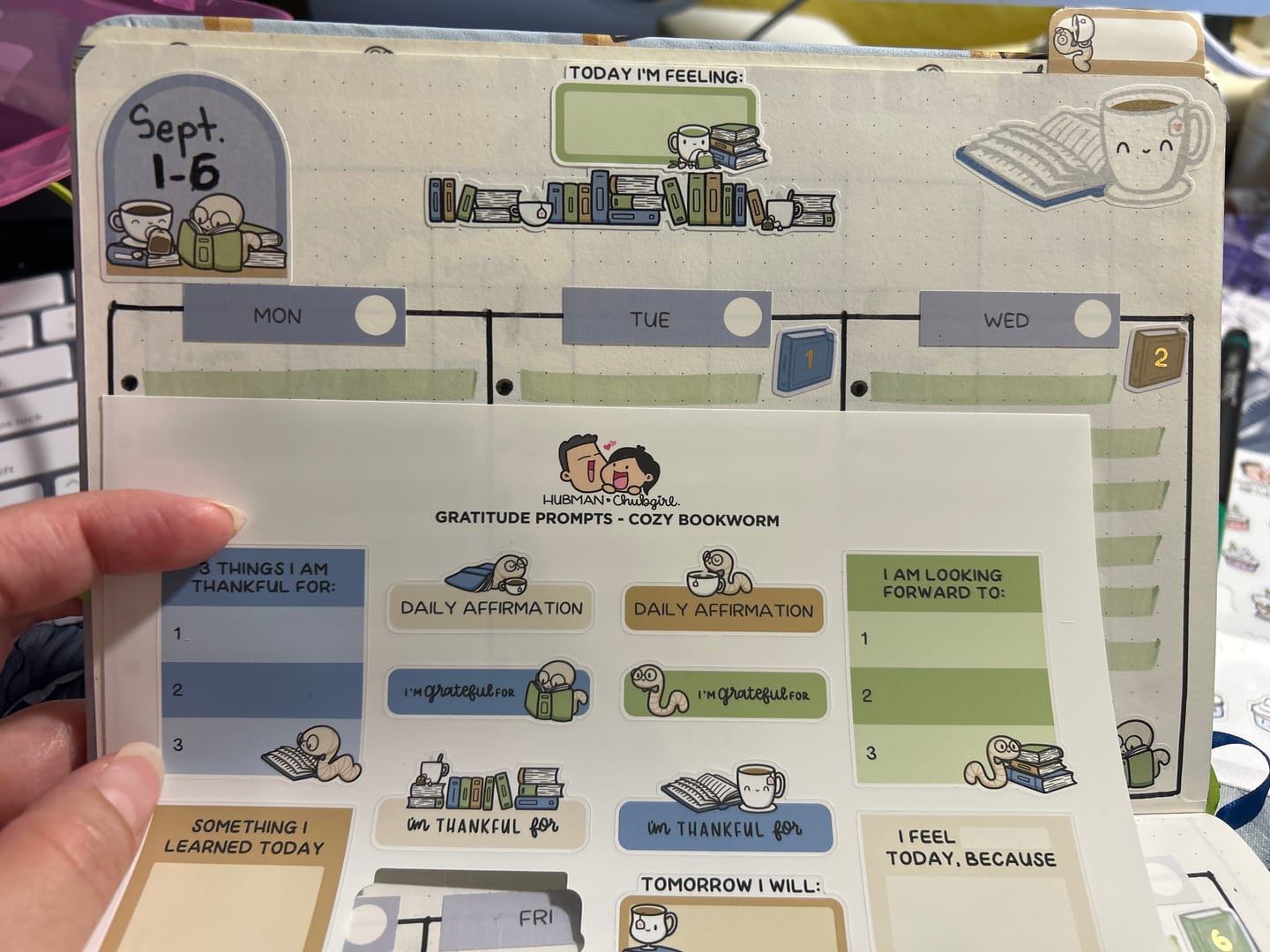 Customer photo review of Sticker Sheet - Gratitude Prompts Cozy Bookworm Theme