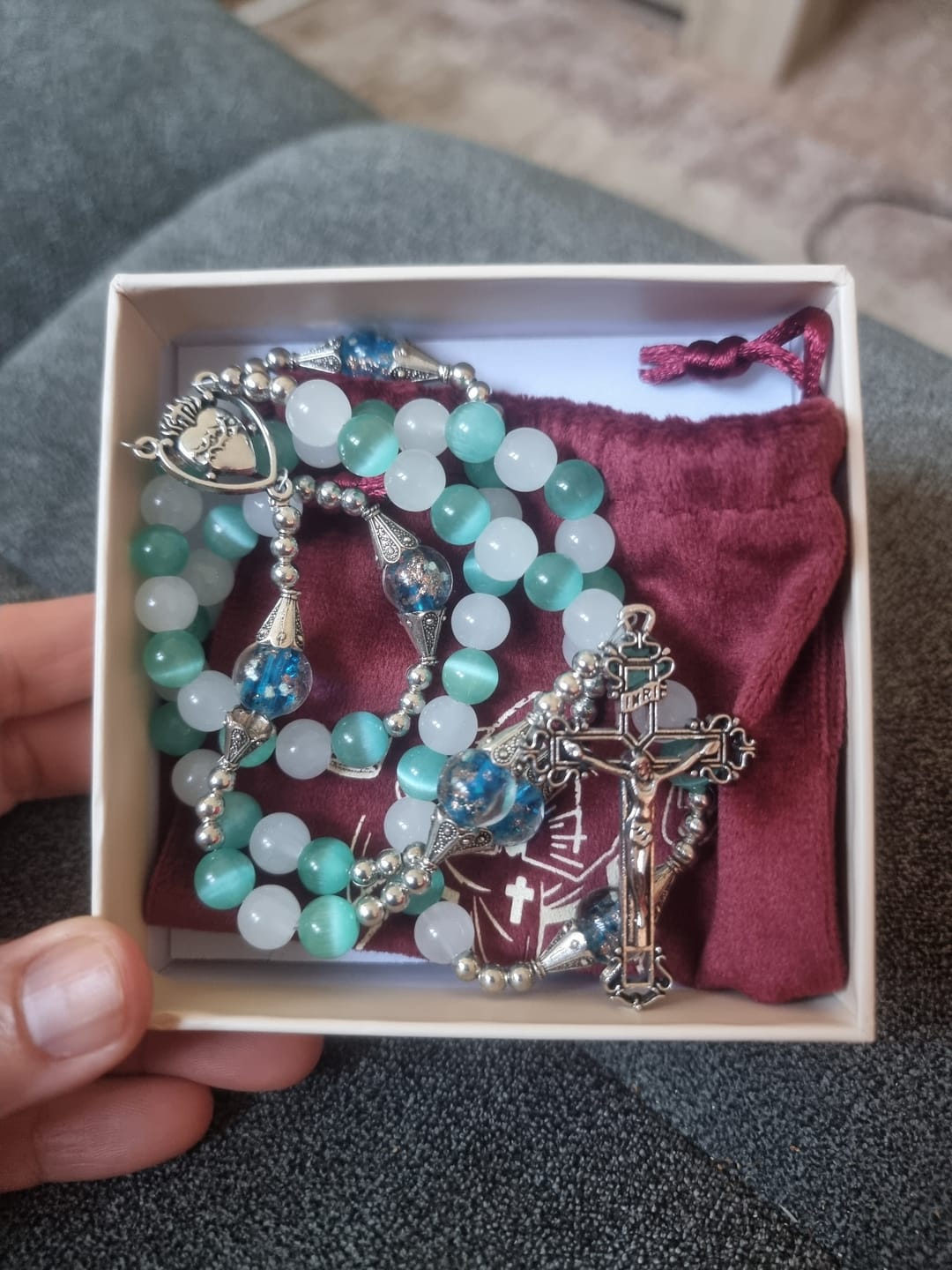 Customer photo review of FREE Today: Glittering Cat's Eye Stone & Blue Star Glass Rosary with Sacred Heart