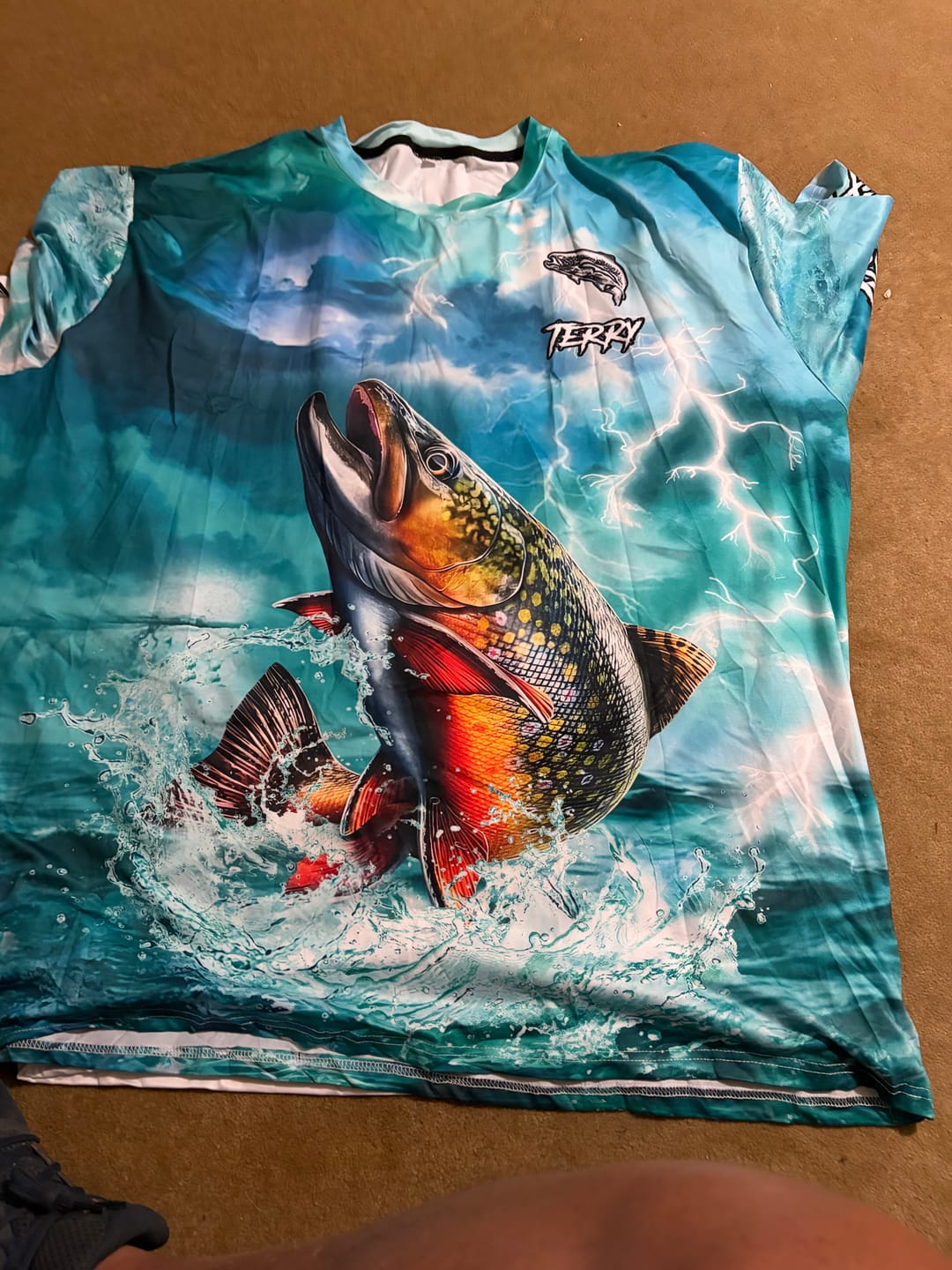 Customer photo review of Frenzidea Trout Fishing Teal Thunderstorm Name & Team Name 3D Shirts