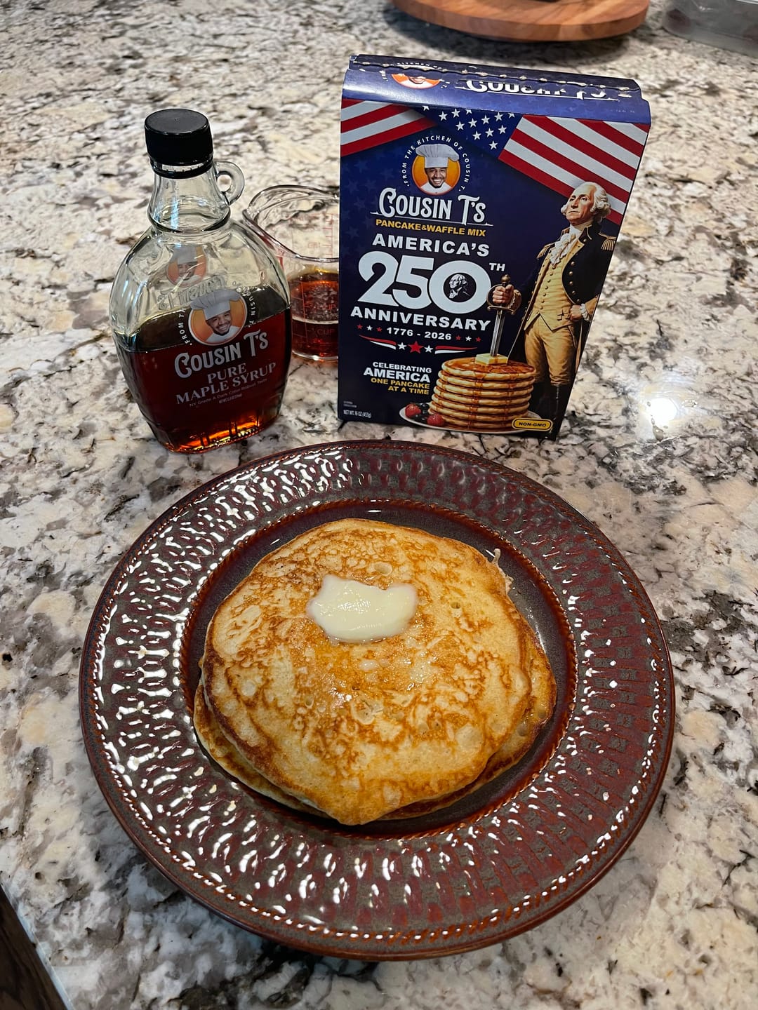 Customer photo review of Cousin T's 250th Anniversary Pancake & Syrup Bundle