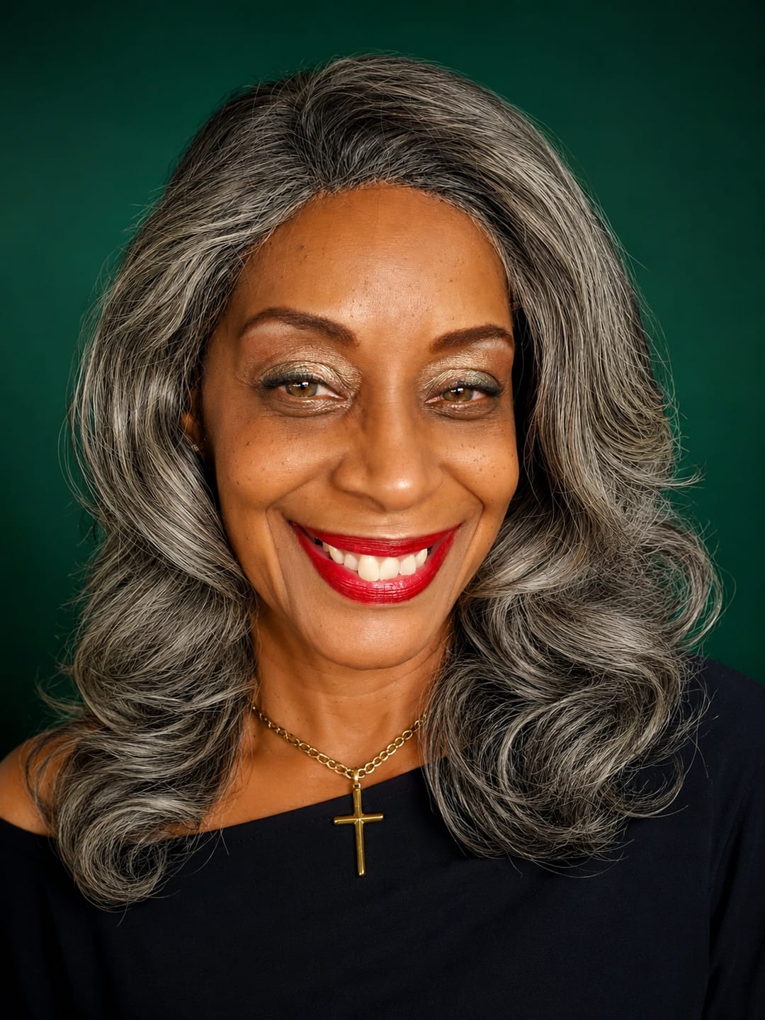 Customer photo review of Luvwin Salt & Pepper Layered Blowout Wave Beginner Friendly Glueless  Gray Wig 100% Human Hair