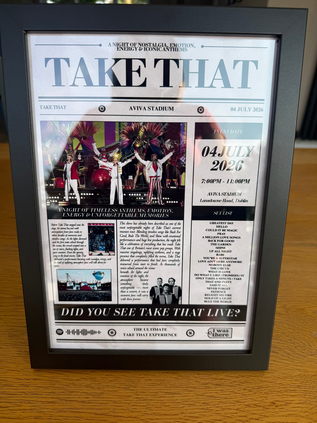 Customer photo review of Take That - Personalised Newspaper Style Concert Poster