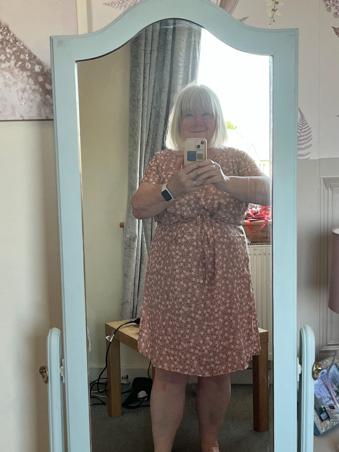Customer photo review of Khaki and White on Peach Crepe Fabric