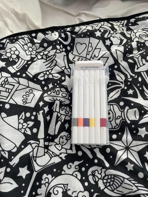 Customer photo review of DIY Drawing Blanket with 24 Colors Markers, Doodle Your Own Blankets, Customizable Washable Paint & Play Blankets for Adults