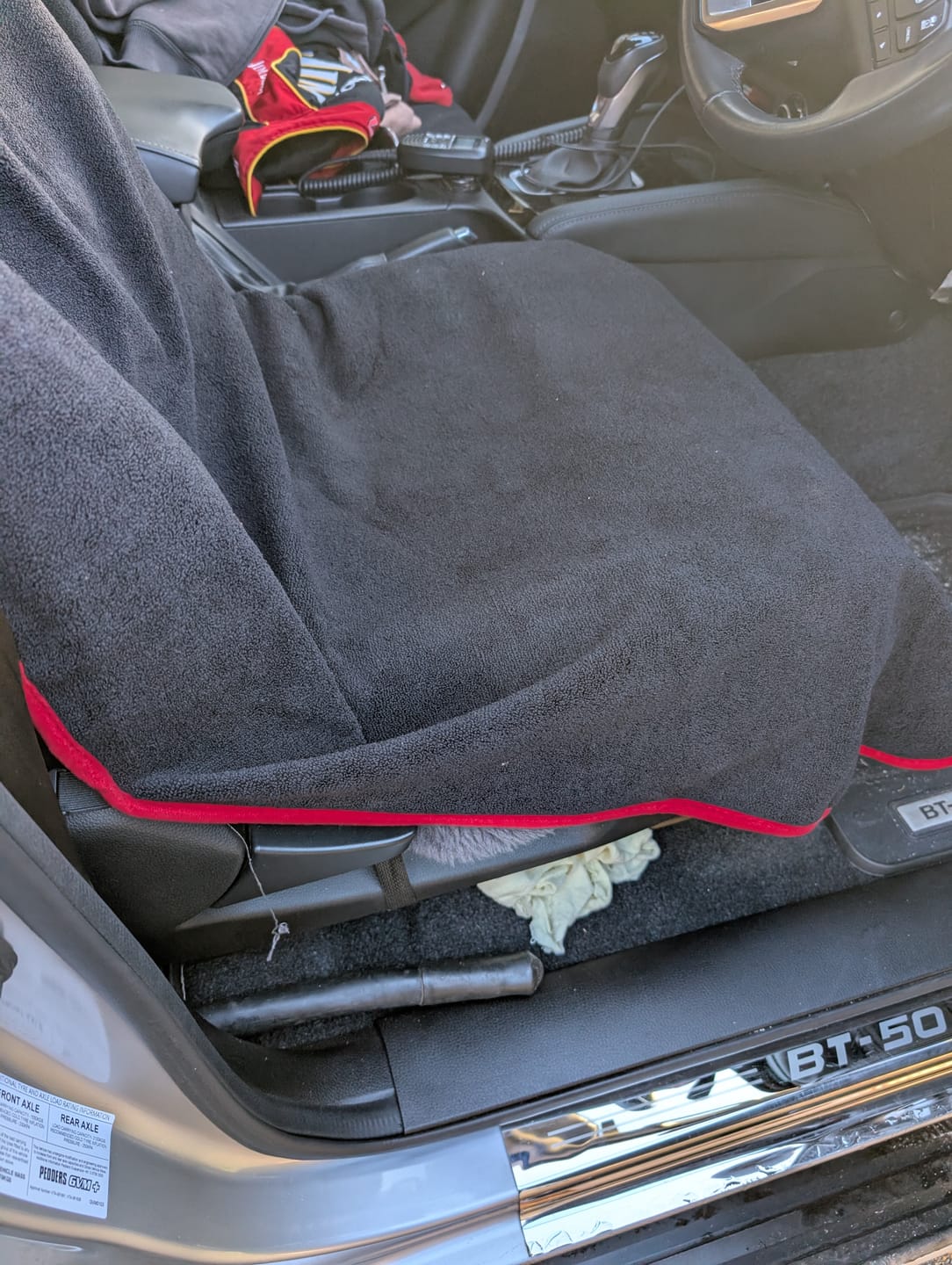 Customer photo review of Waterproof Car Seat Towel – Black Racing Red |  Towel Society
