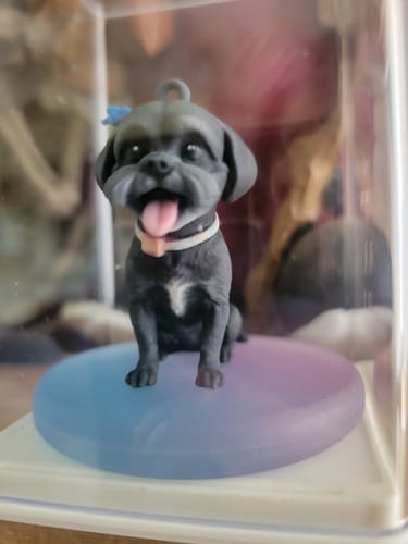 Customer's Custom Chibi Figure Keychain of their black dog with a happy expression, shown as a memorial in a clear display case.