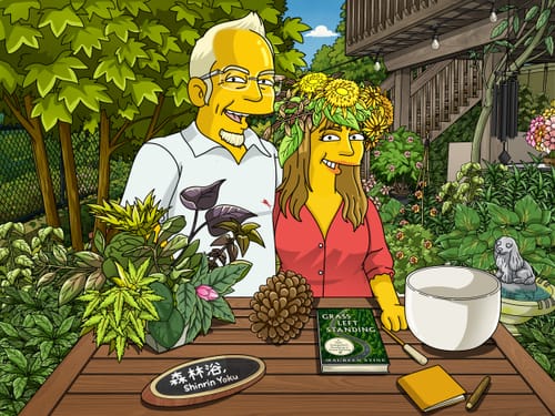 Customer's Hand Drawn Digital Portrait of a couple in the Simpsons style, shown in a detailed garden setting.
