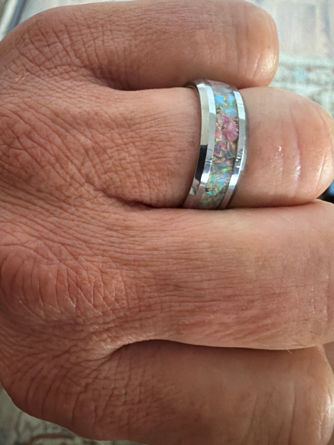 Customer photo review of Tungsten Opal Ring with Cremation Ashes