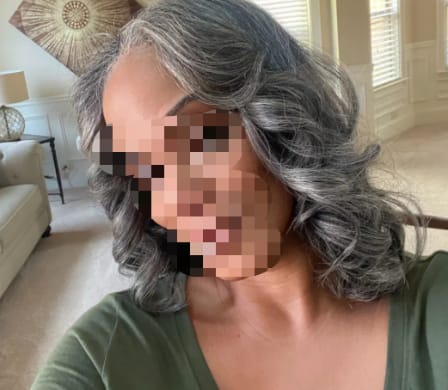 Customer photo review of Luvwin Ready To Go Custom Layerd Wavy Cut With Bangs Salt and Pepper 13x4 Frontal Glueless Wig