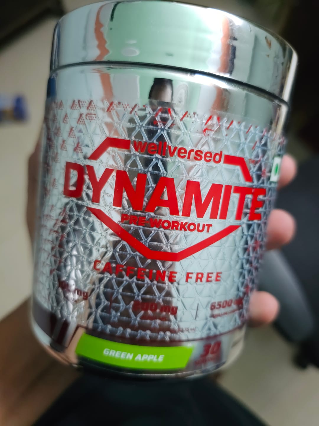 Customer photo review of Dynamite Pre-Workout Caffeine Free (390g, 30 Servs) | Green Apple