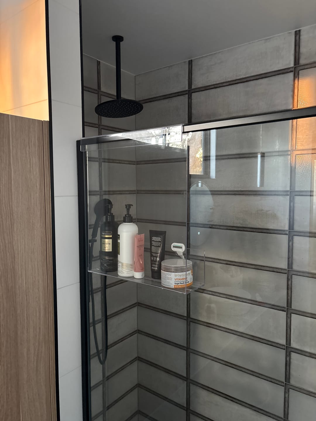 Customer photo review of Clear Acrylic Shower Shelf
