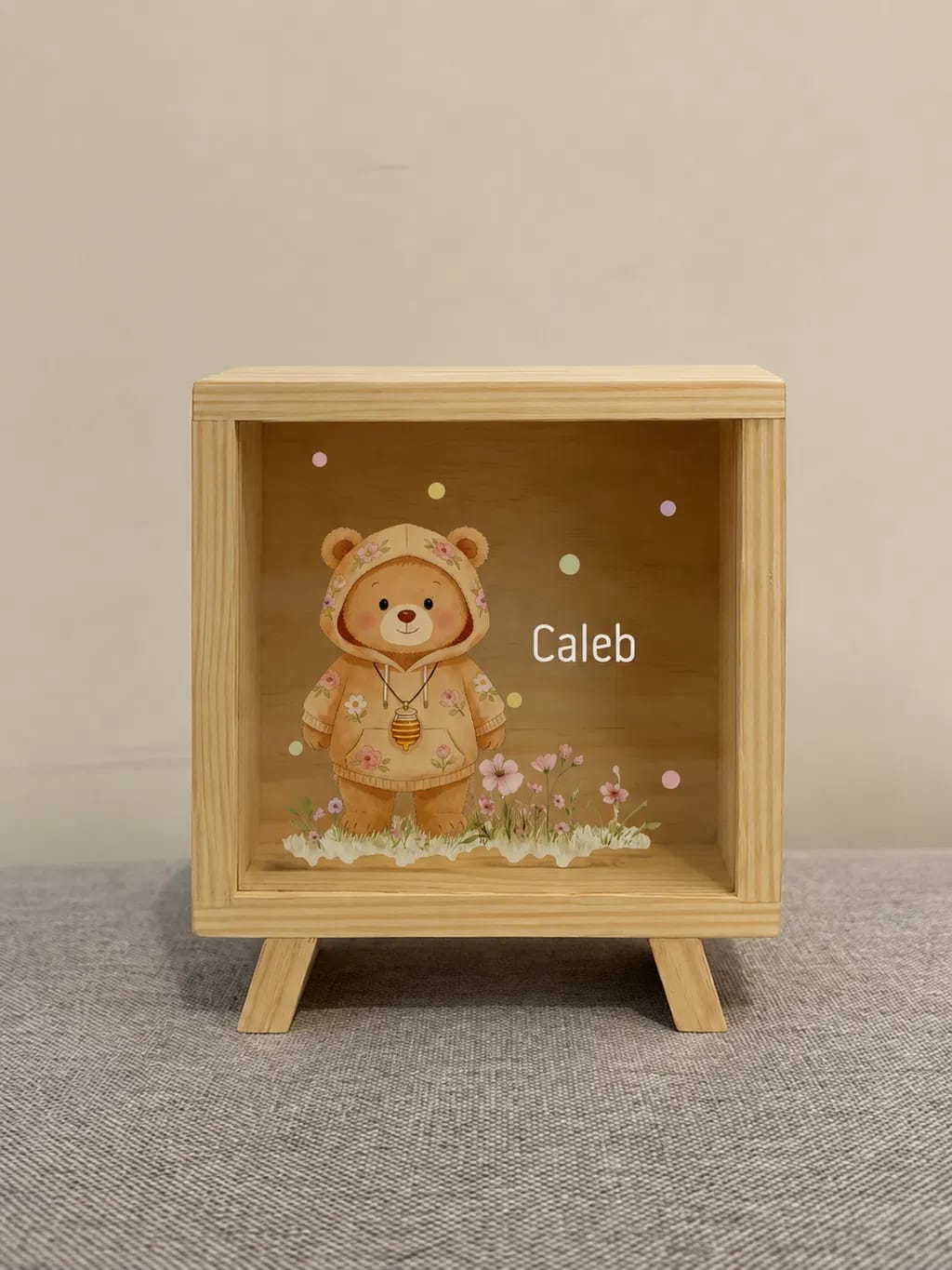Customer photo review of Personalized Cute Floral Bunny Bear Animals Wooden Clear Money Box Piggy Bank with Name Room Decor Birthday Gift for Girls Kids