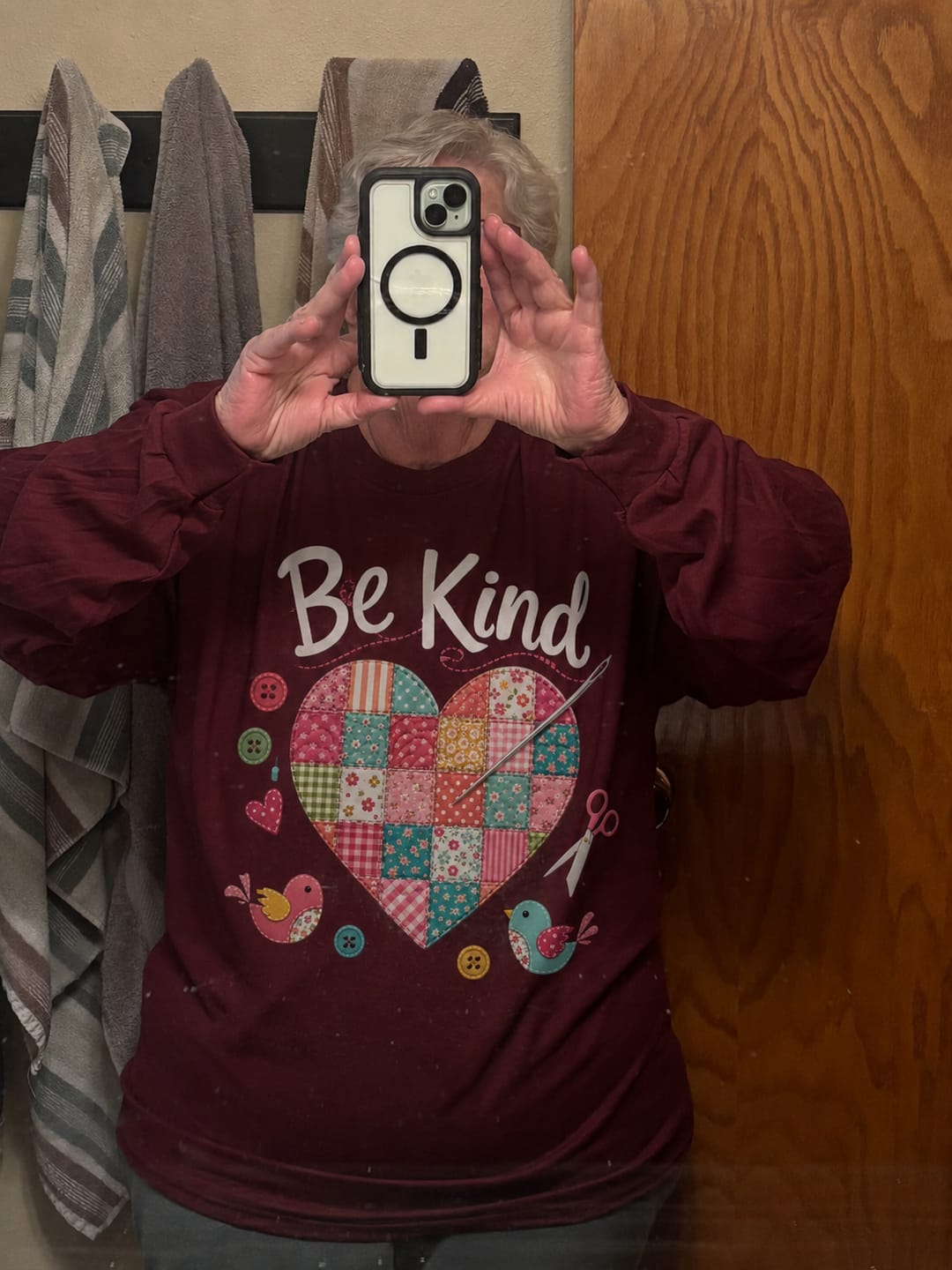 Customer photo review of Friends Are The Threads That Bind T-Shirt | Patchwork Flowers Thread Spools Quilter Tee