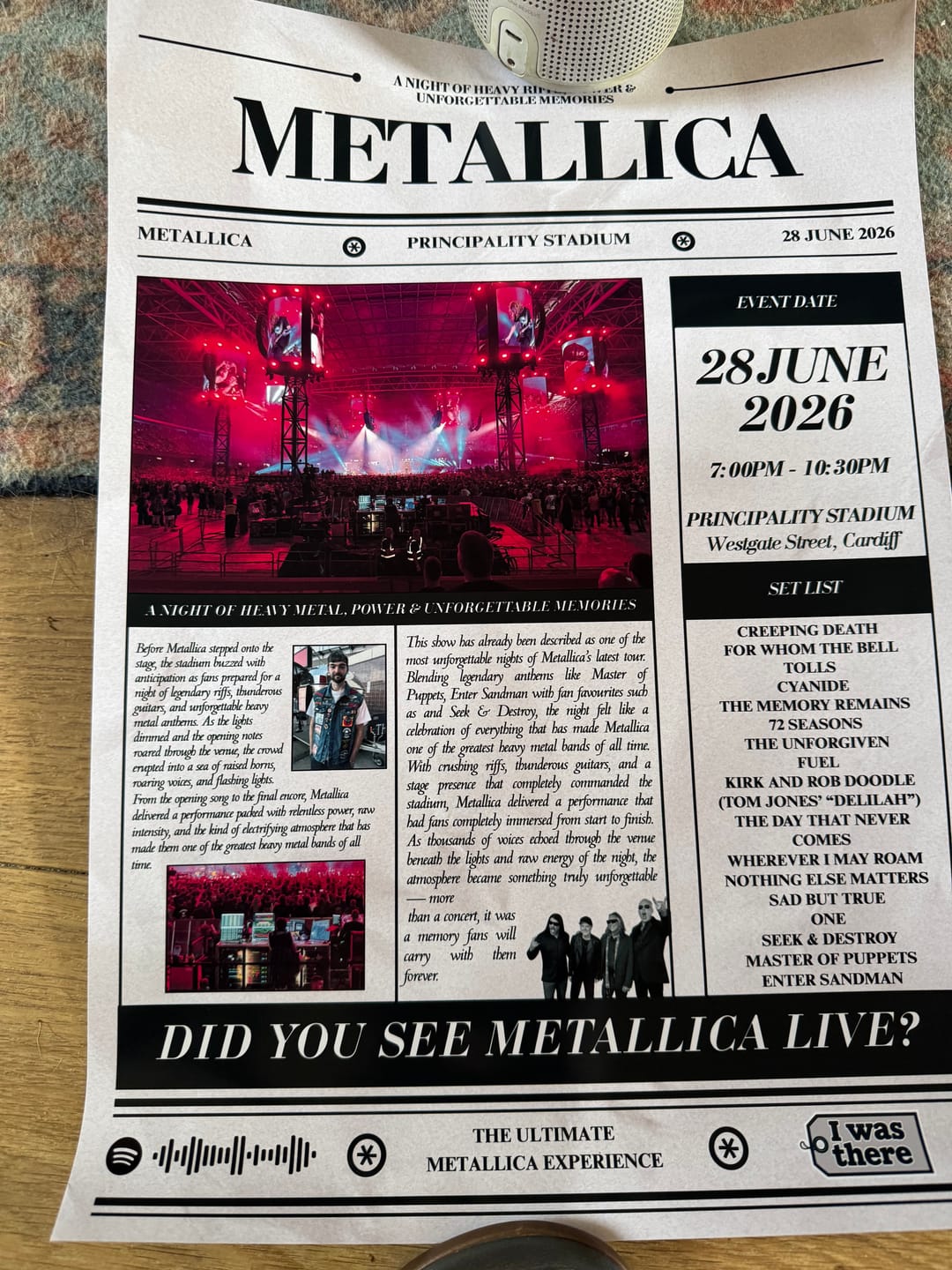 Customer photo review of Metallica - Personalised Newspaper Style Concert Poster