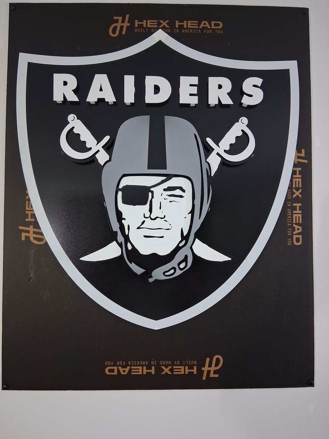 Customer photo review of Las Vegas Raiders Shield 3D Vintage Metal Wall Art