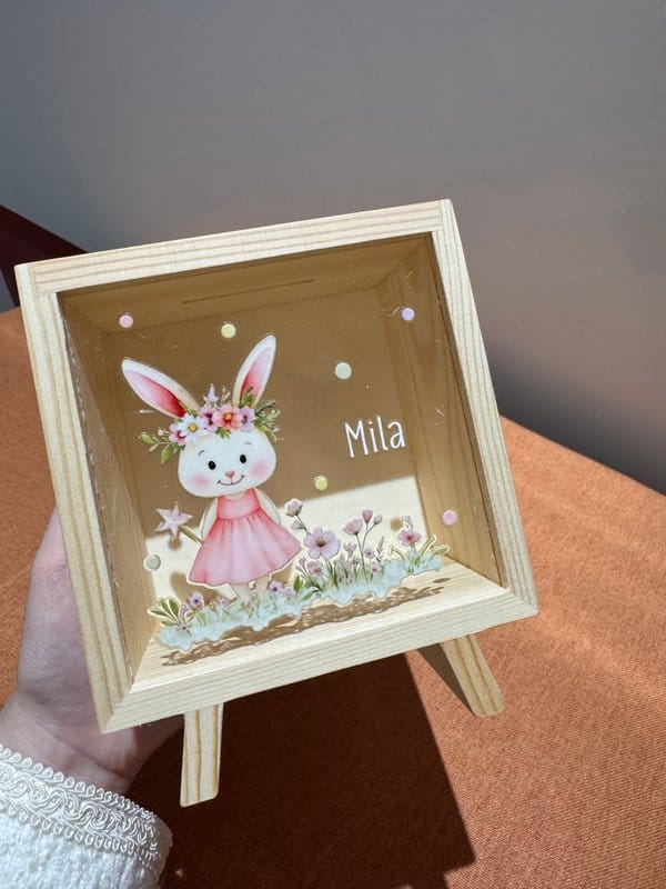 Customer photo review of Personalized Cute Floral Bunny Bear Animals Wooden Clear Money Box Piggy Bank with Name Room Decor Birthday Gift for Girls Kids