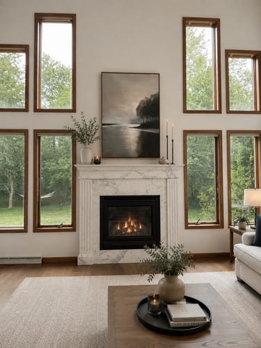 Customer's Dusklake Canvas Art hanging above a beautiful marble fireplace in a bright living room.