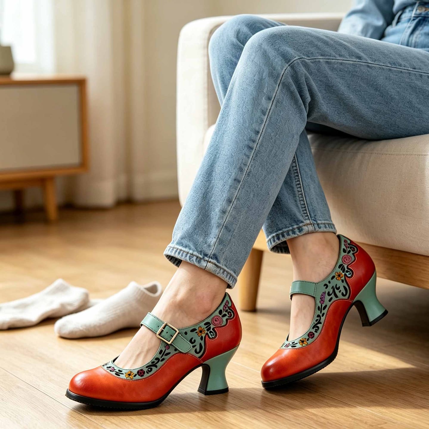 Customer photo review of Retro Floral Two-Tone Design Mary Jane Pumps