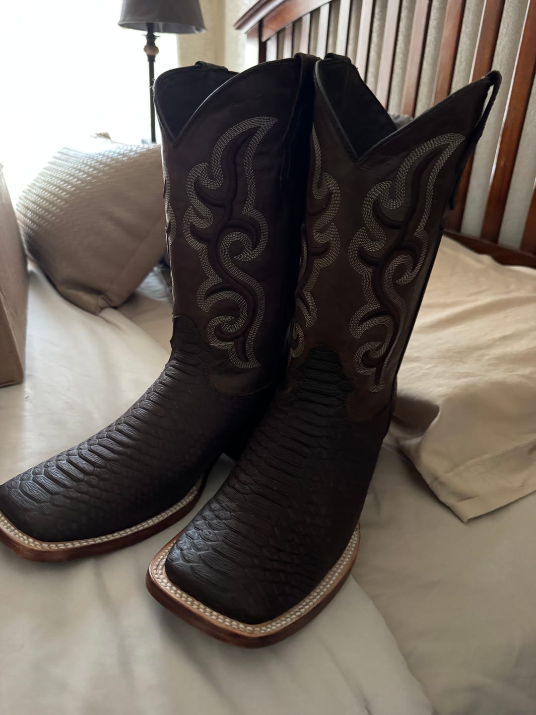 Customer photo review of Matte Brown Python Leather Boots - Square Toe