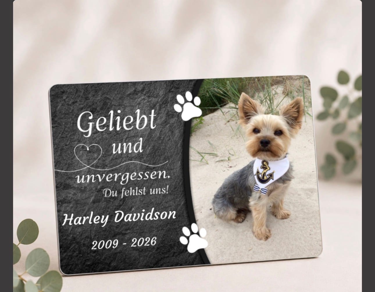 Customer photo review of Hunde Gedenktafel mit Foto & Spruch (UV- & Wetterfest)