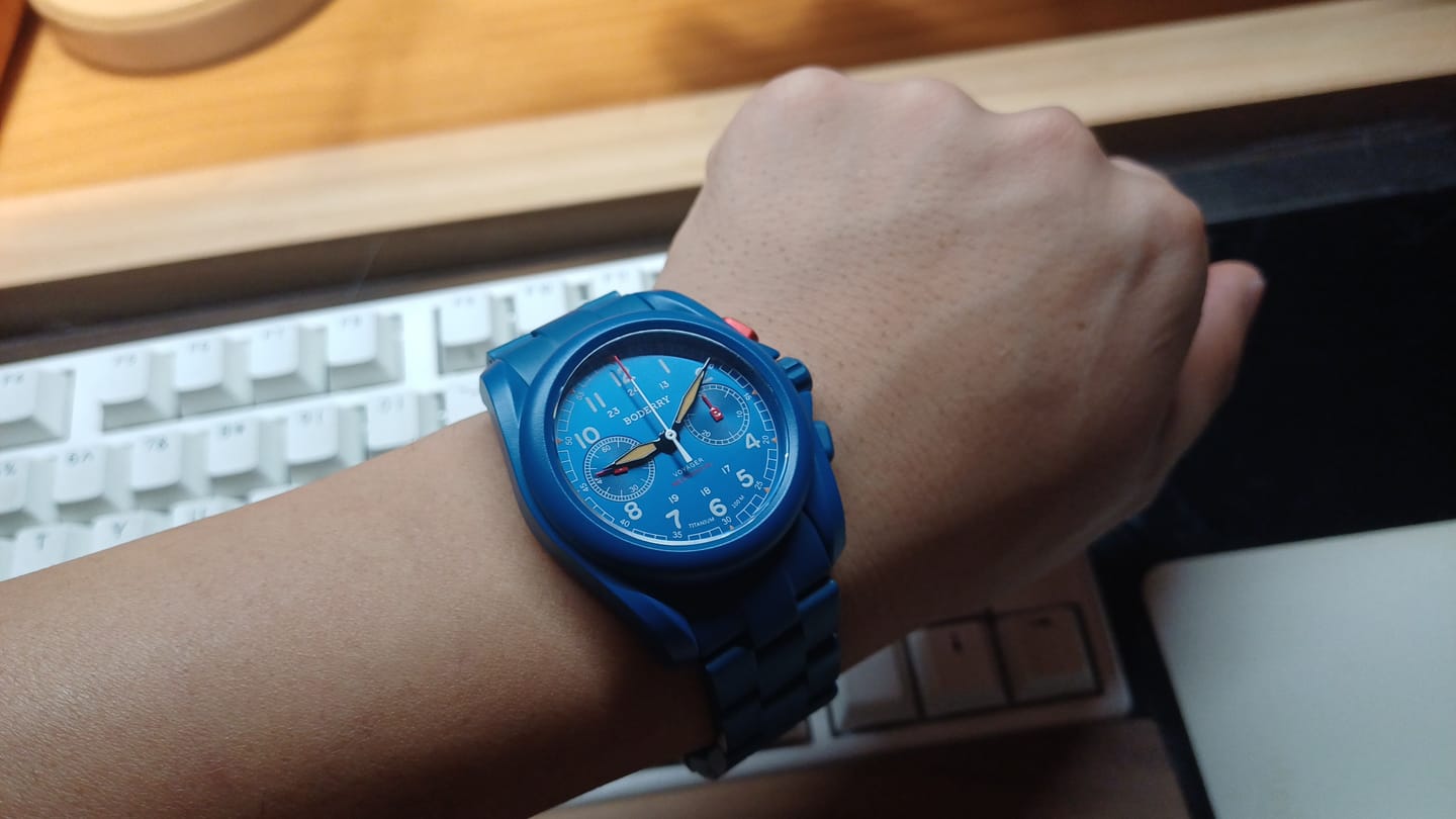 Customer photo review of VOYAGER Chronograph - Titanium Mechanical Field Watch, 100M Water Resistant | Cerulean Blue/Bracelet