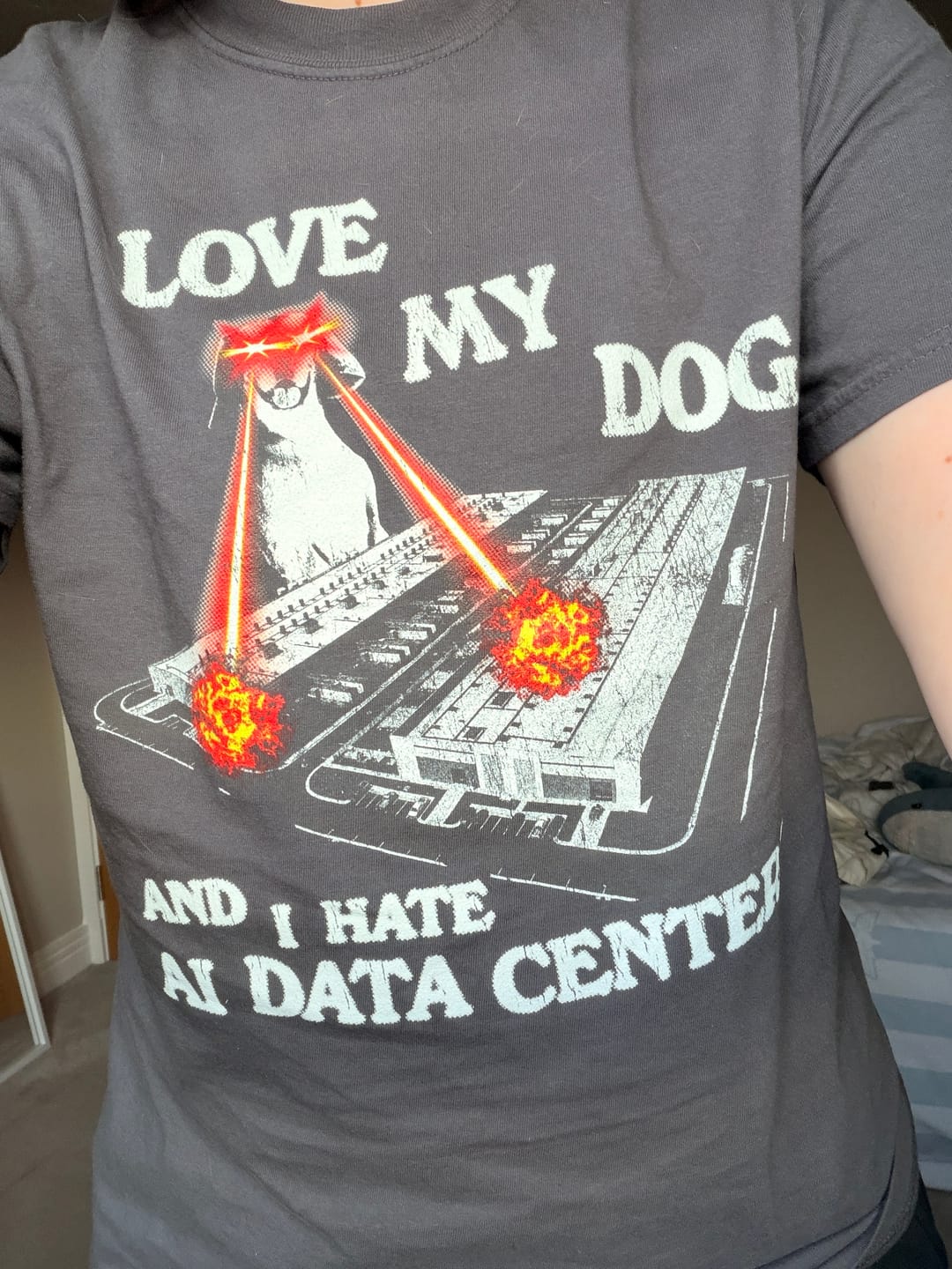 Customer photo review of I Love My Dog Hate AI Data Centers Unisex t-shirt