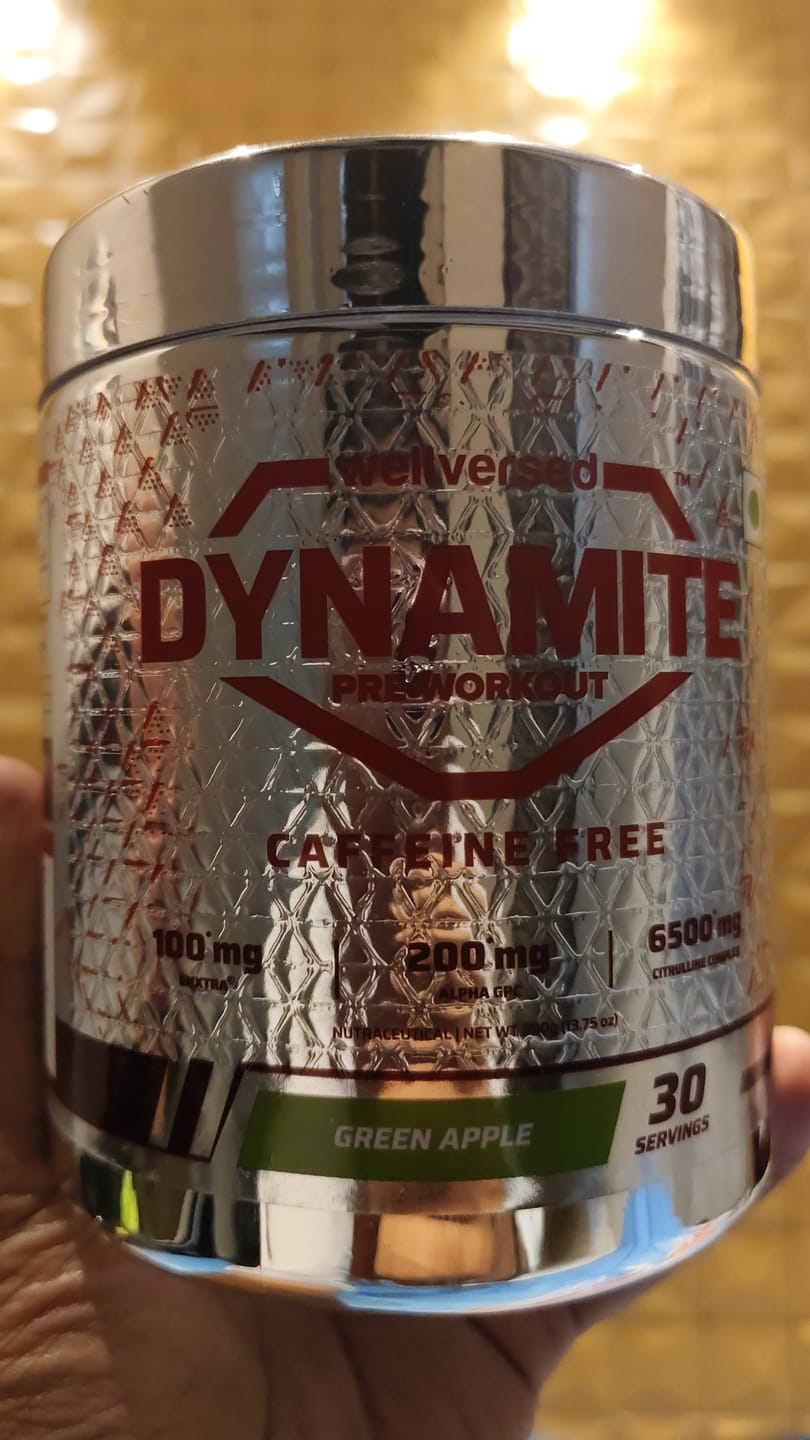 Customer photo review of Dynamite Pre-Workout Caffeine Free (390g, 30 Servs) | Green Apple