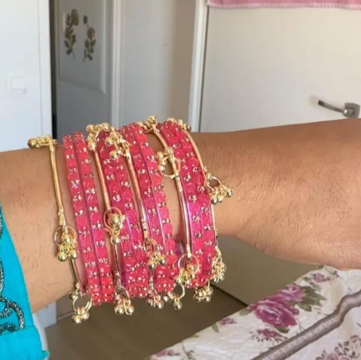 Customer photo review of Pink Kashmiri Ghungroo Bangles Set | Ghungroo Gold Bangles | Pink Glass Bridal Churiya |  Trending Bangles With Rose Pattern Detailing