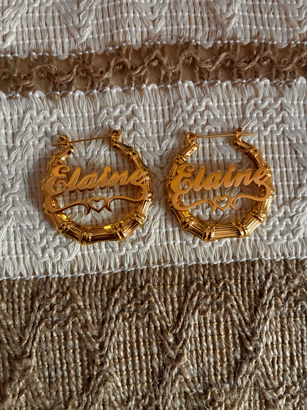 Customer photo review of Heart Outline Bamboo Name Hoop Earrings