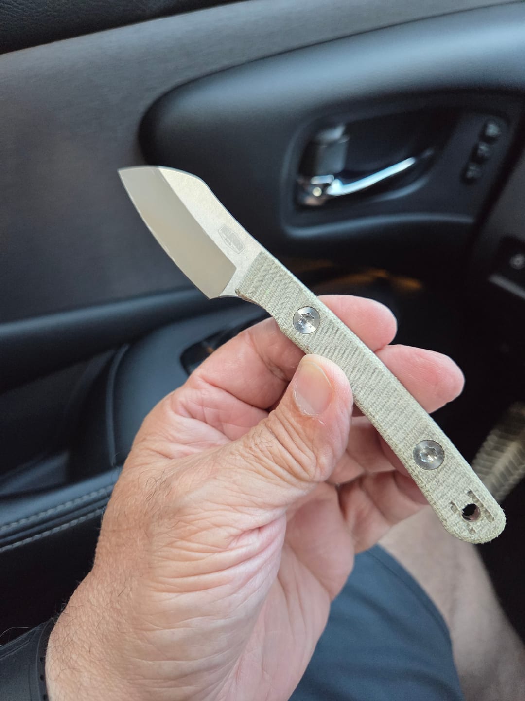 Customer photo review of Hellbender Blade Co. Newt 2" Fixed Blade – OD Green Micarta, MagnaCut Satin Sheepsfoot, Kydex Sheath – Made in USA