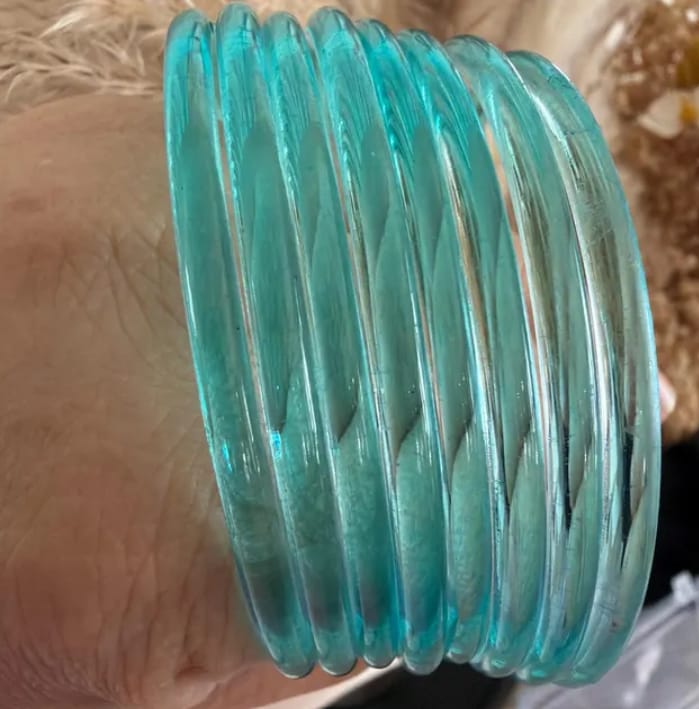 Customer photo review of Blue Jelly Glass Bangles | Aqua Blue Jelly Bangles Set | Kashmiri Silver Ghungroo Bangles | Light Blue Glass Bangles  | Water Bangles