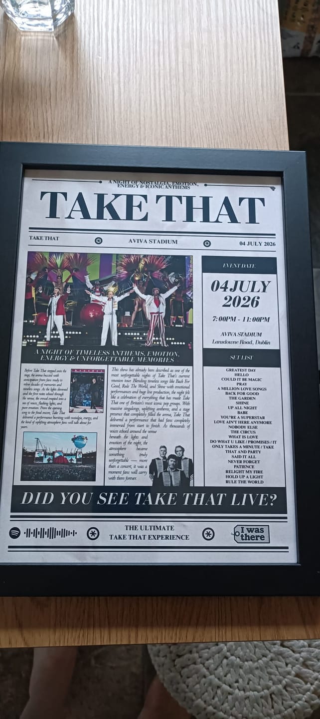 Customer photo review of Take That - Personalised Newspaper Style Concert Poster