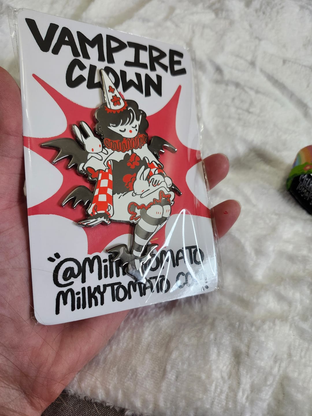 Customer photo review of Large Vampire Clown Enamel Pin!