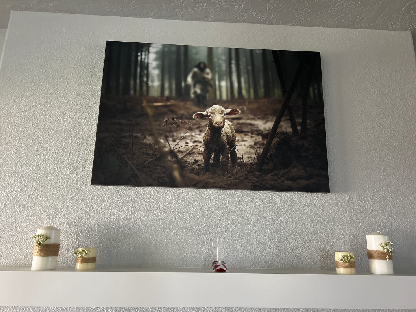 Customer photo review of Jesus Running After a Lost Lamb, Jesus and Lamb Picture, Wall Art Canvas