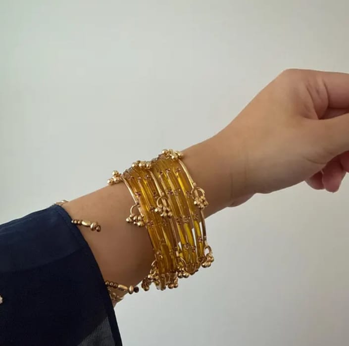 Customer photo review of Raindrop Glass and Kashmiri Ghungroo Bangles Sets | 3 Set Glass Bridal Churiya |  Trending Raindrop Bangles