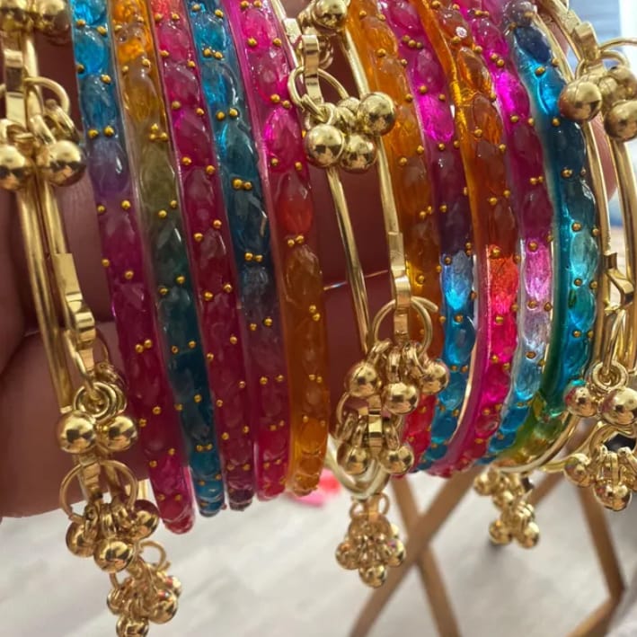 Customer photo review of Multicolor Kashmiri Ghungroo Bangles Set | Ghungroo Gold Bangles | Rainbow Glass Bridal Churiya | Trending Raindrop Bangles