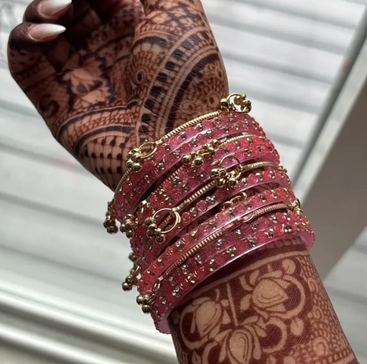 Customer photo review of Pink Kashmiri Ghungroo Bangles Set | Ghungroo Gold Bangles | Pink Glass Bridal Churiya |  Trending Bangles With Rose Pattern Detailing