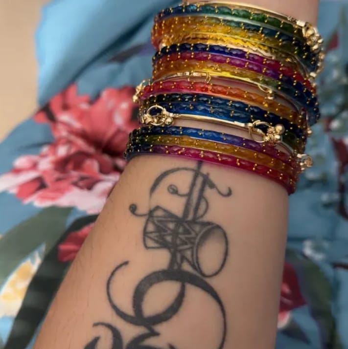 Customer photo review of Multicolor Kashmiri Ghungroo Bangles Set | Ghungroo Gold Bangles | Rainbow Glass Bridal Churiya | Trending Raindrop Bangles