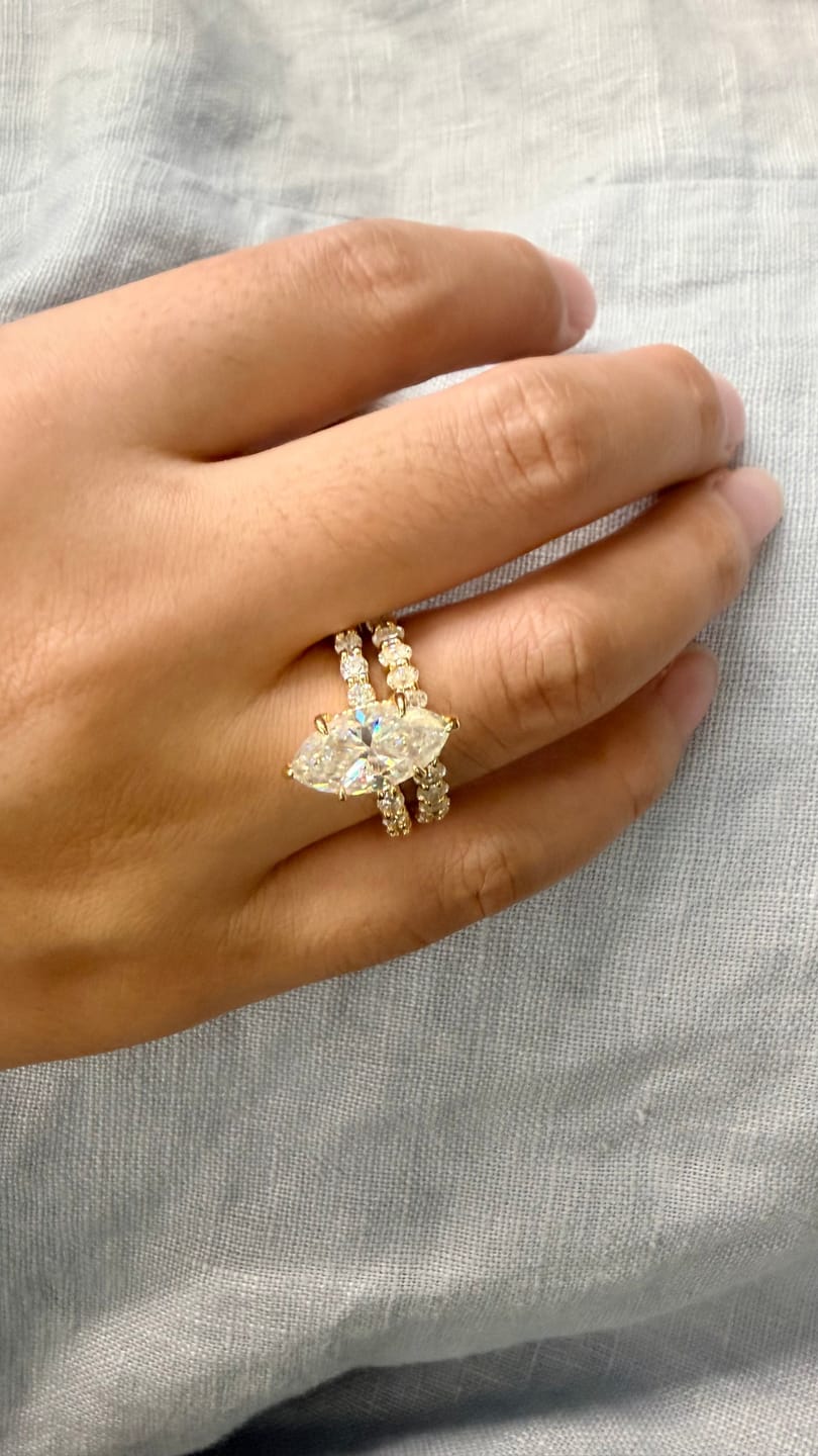 Customer photo review of Moissanite 3.0Ct Marquise Cut Yellow Gold Wedding Ring with Oval Cut Wedding Ring