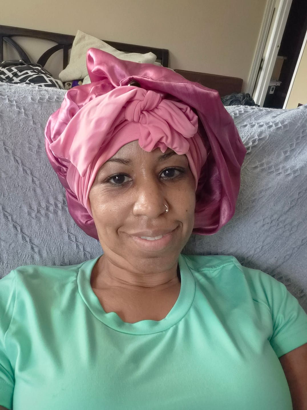 Customer photo review of Long Satin Bonnet for Braids & Curly Hair