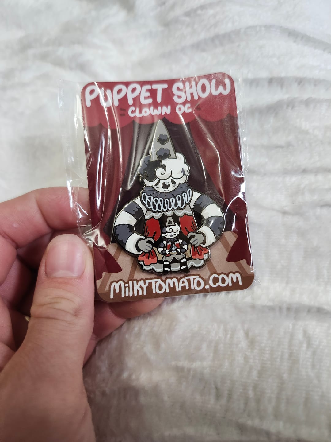 Customer photo review of Puppet Show Clown Enamel Pin!