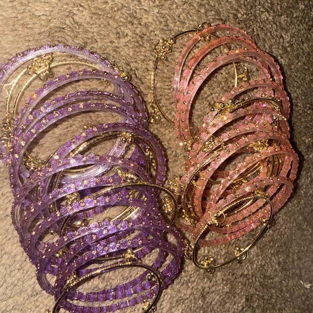 Customer photo review of Lavender Glass Bangles Set | Kashmiri Gold & Silver Ghungroo Bangles  | Purple Glass Bridal Bangles | Rose Pattern Raindrop Bangle