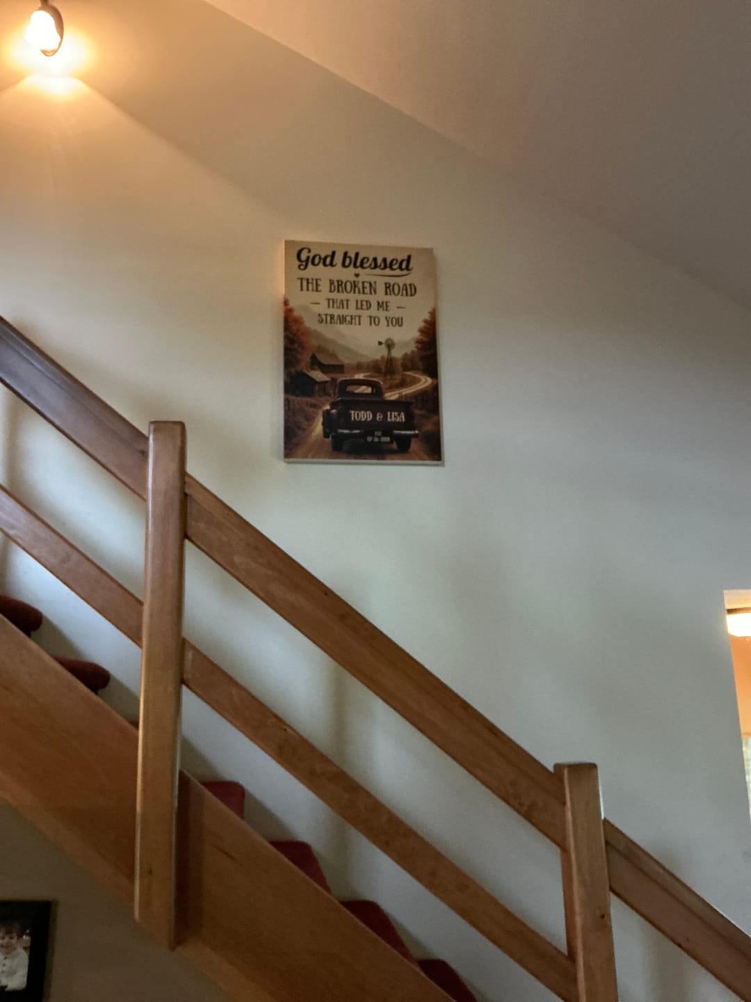 Customer photo review of Personalized God Blessed the Broken Road Canvas – Custom Couple Names Rustic Farmhouse Wall Art