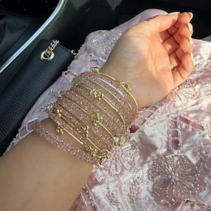 Customer photo review of Pink Kashmiri Ghungroo Bangles Set | Ghungroo Gold Bangles | Pink Glass Bridal Churiya |  Trending Bangles With Rose Pattern Detailing