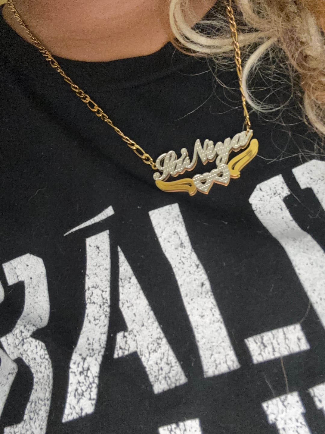 Customer photo review of Double Plated Hearts Name Necklace w/ Figaro Chain