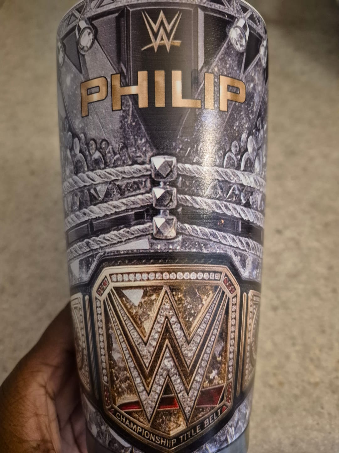Customer photo review of Personalized Wrestling Champion Tumbler, Custom Name Belt Style 20oz Tumbler, Wrestling Fan Gift
